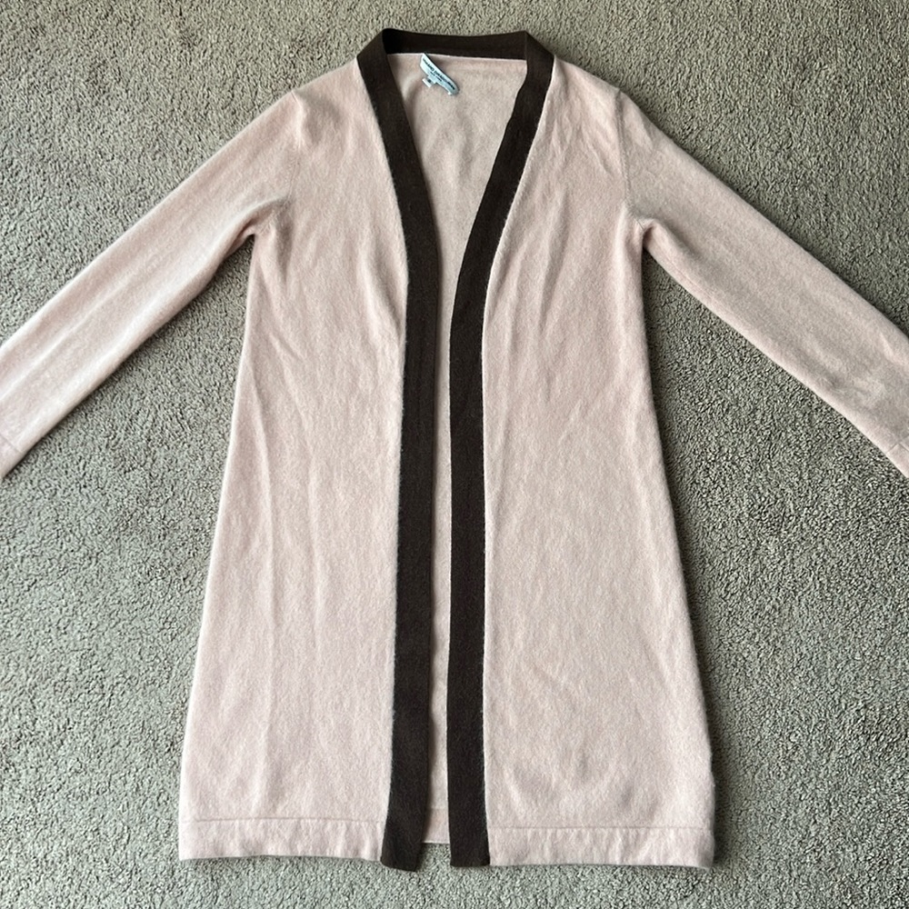 Armand Diradourian Cashmere Pink Brown Trim Long Open Duster Cardigan